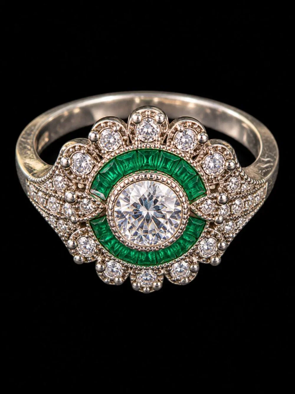 S925 Sterling Silver Green Target Ring Clear Stone Halo Size 9.75-10